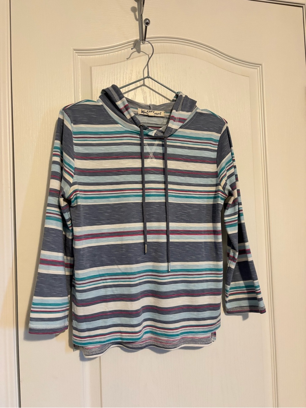 Wallflower Striped Hooded Pullover in Blue, Teal & White